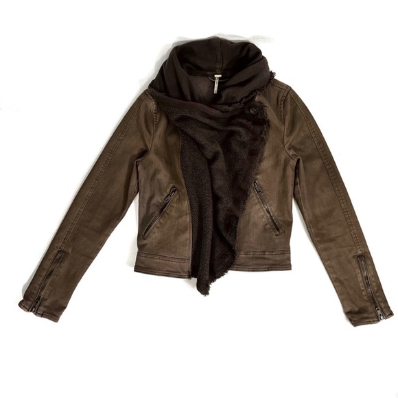 Free People Drape Front Coated Denim Moto Jacket | Olive/Green | Size 10 - Picture 4 of 14